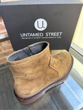 Untamed Street is the brand.

YORK tundra-brown suede welted laceless boots.